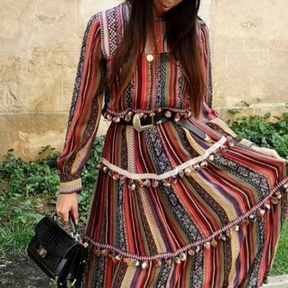 Zara Striped Pom Pom Bohemian Dress - Womans S